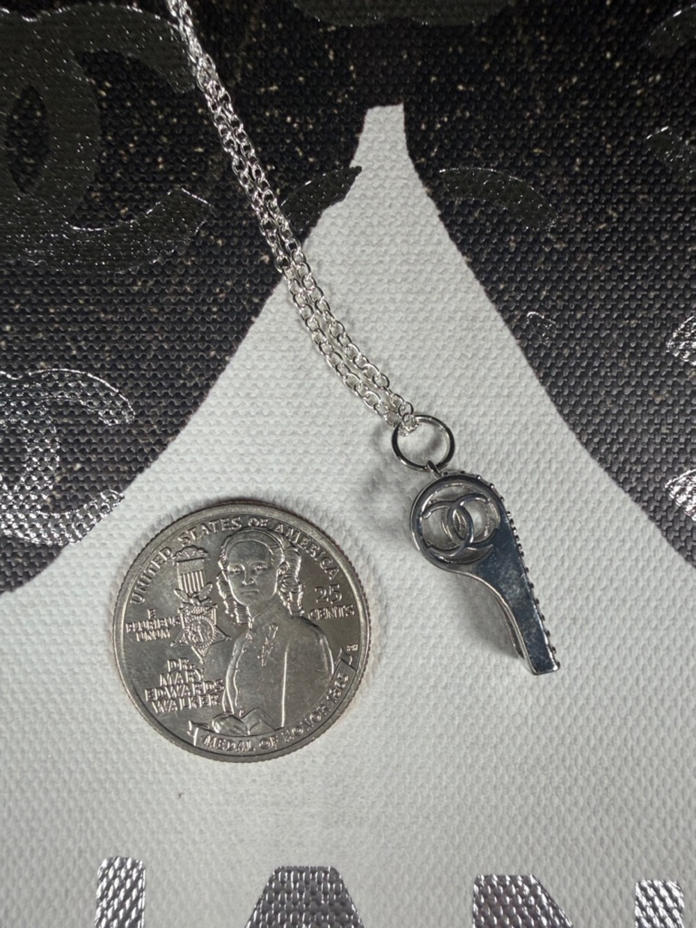 Super Unique Upcycled CC Whistle Rhinestone Charm on 18” 925 Chain - Picture 7 of 7